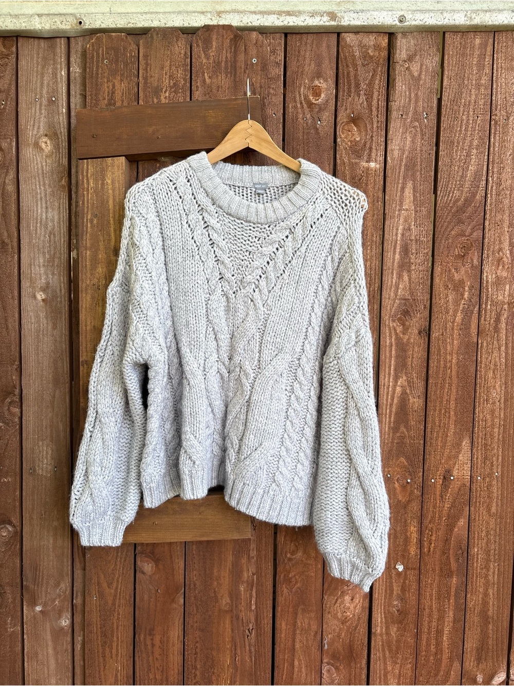 American Eagle Aerie Light Gray Oversized Cable Knit Sweater